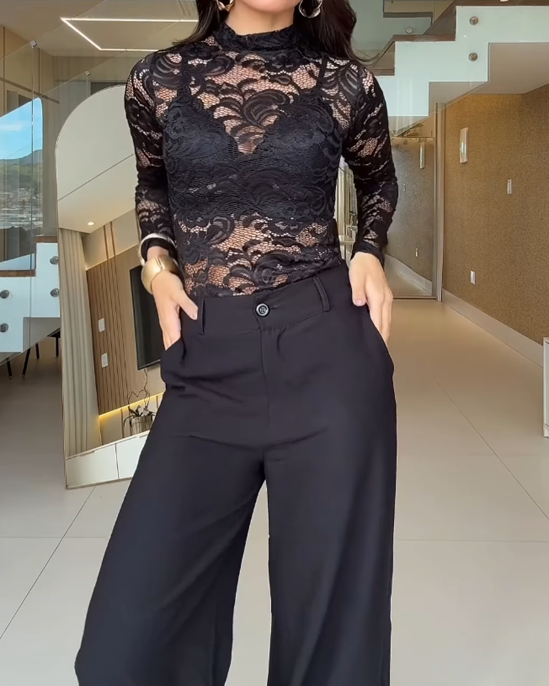 

High Neck Long Sleeve Sexy Sheer Floral Lace Bodysuit, Black