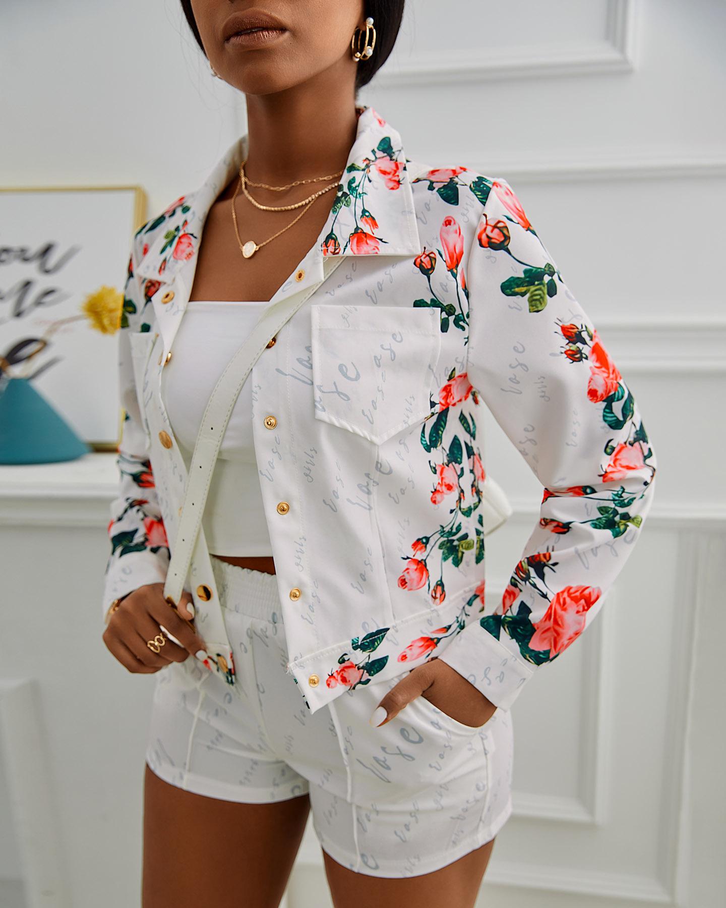 

Floral Letter Print Long Sleeve Top & Shorts Set, White