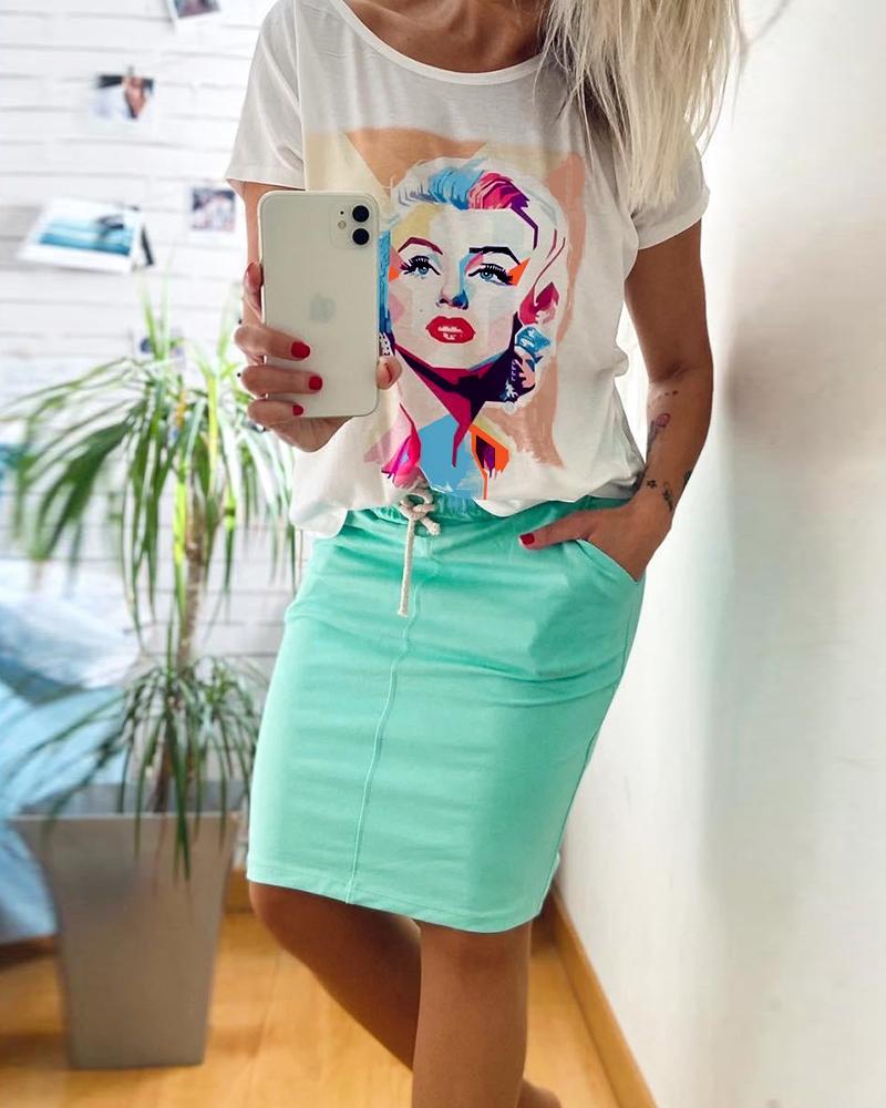 

Figure Print Short Sleeve Top & Skirt Set, Green