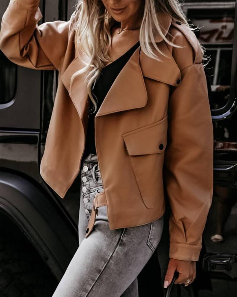 

PU Leather Flap Pocket Button Detail Biker Jacket, Khaki