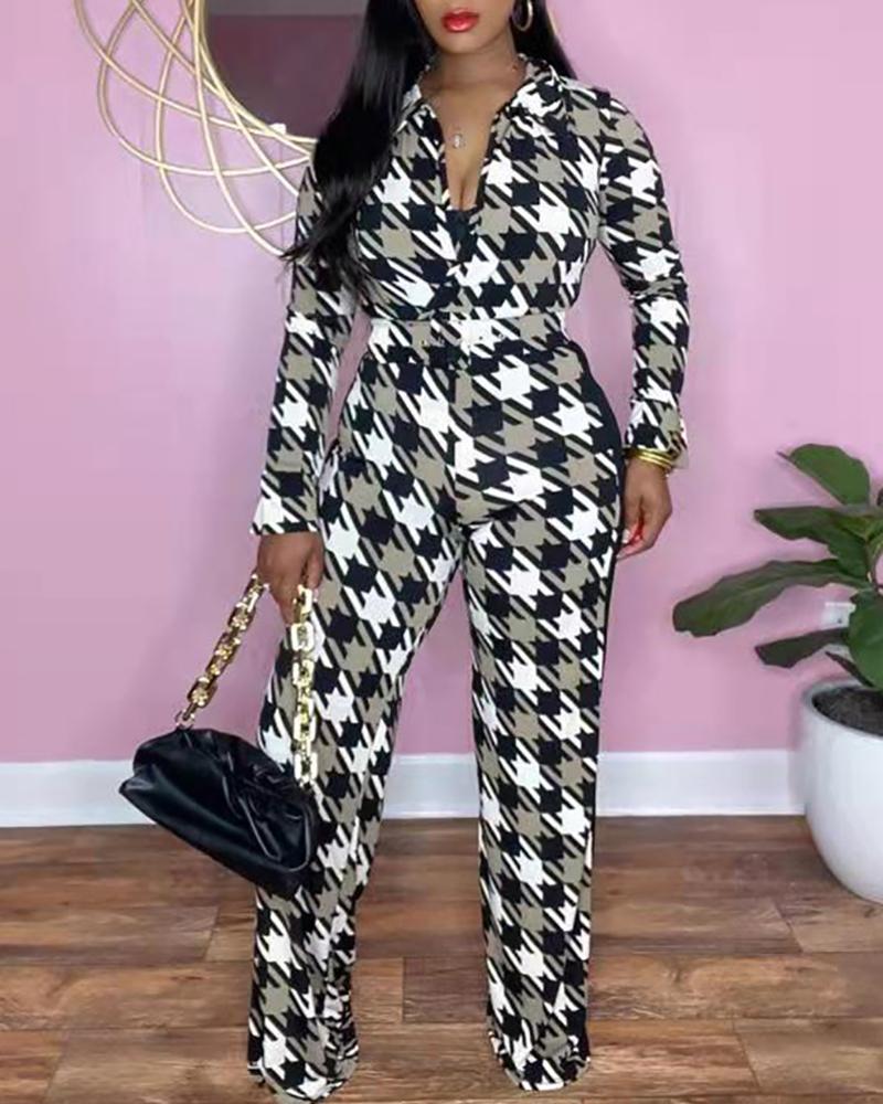 

Houndstooth Print Long Sleeve Wide Leg Jumpsuit With Belt, Black