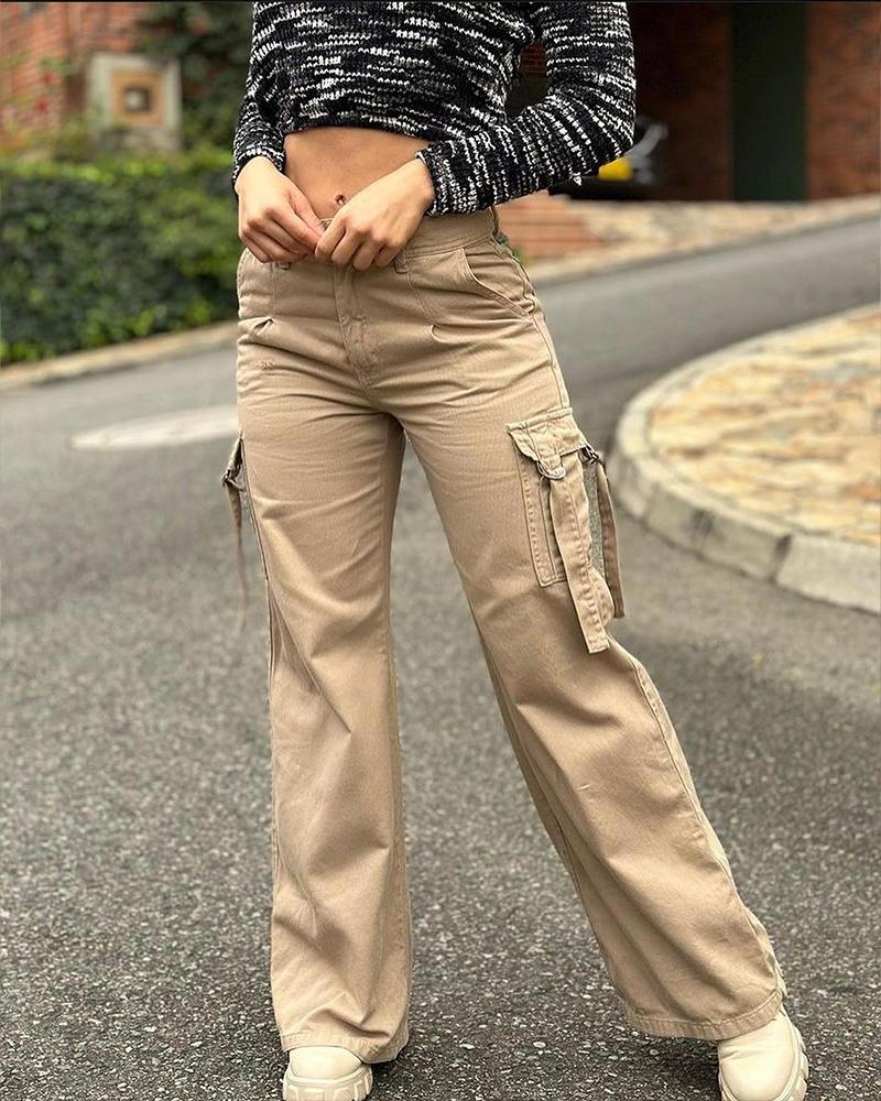 

Pocket Design High Waist Cargo Pants, Khaki