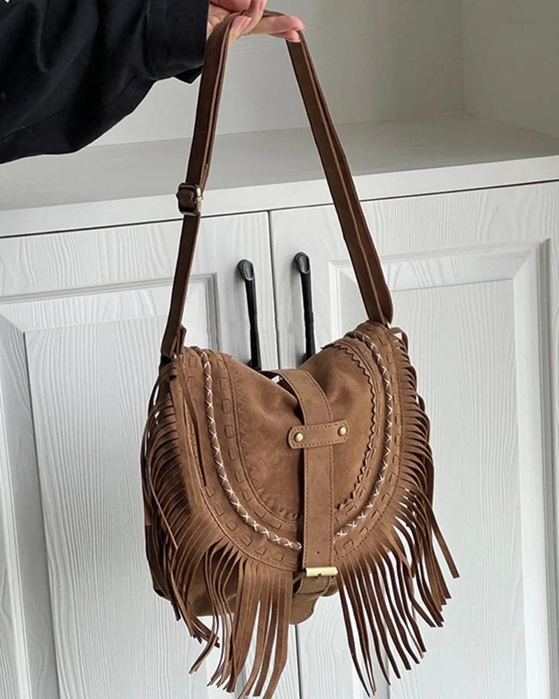 

Tassel Deign Buckled Micro Suede Crossbody Bag, Brown
