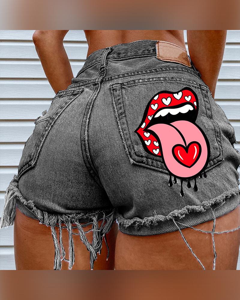 

Solid Color Splicing Lip Print Ripped Denim Short Pants, Gray