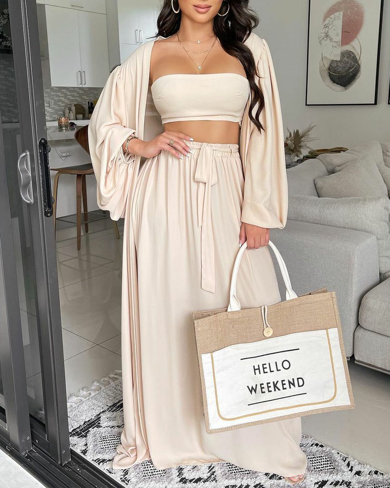 

3PCS Crop Tube Top & Maxi Skirt Set With Longline Coat, Apricot