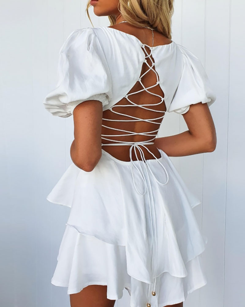 

Layered Backless Lace Up Ruched Puff Sleeve Romper, White