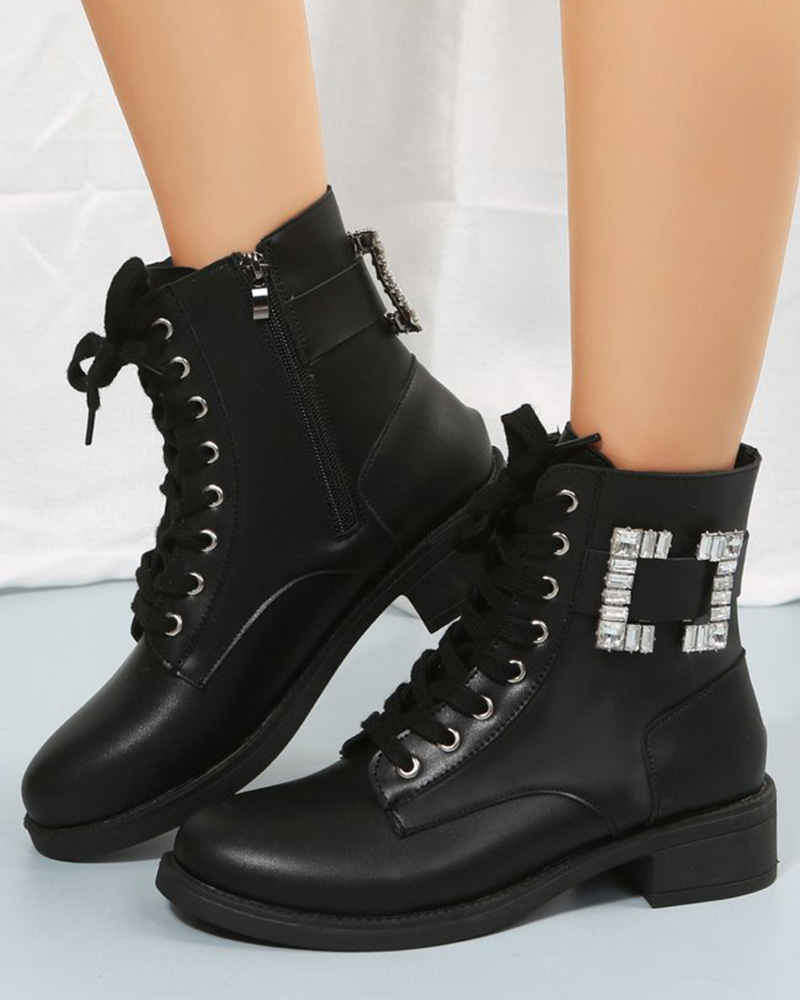 

Rhinestone Eyelet Lace-up Martin Boots, Black