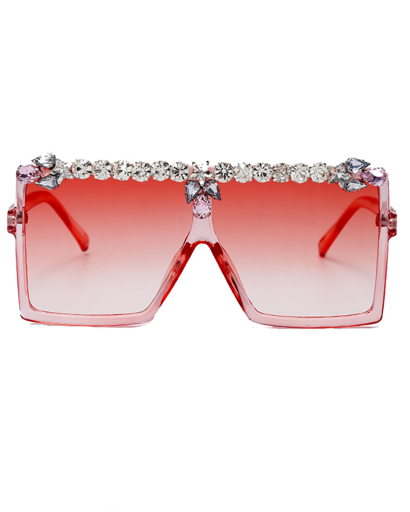 

1Pair Flat Top Rhinestone Decor Square Frame Sunglasses, Pink