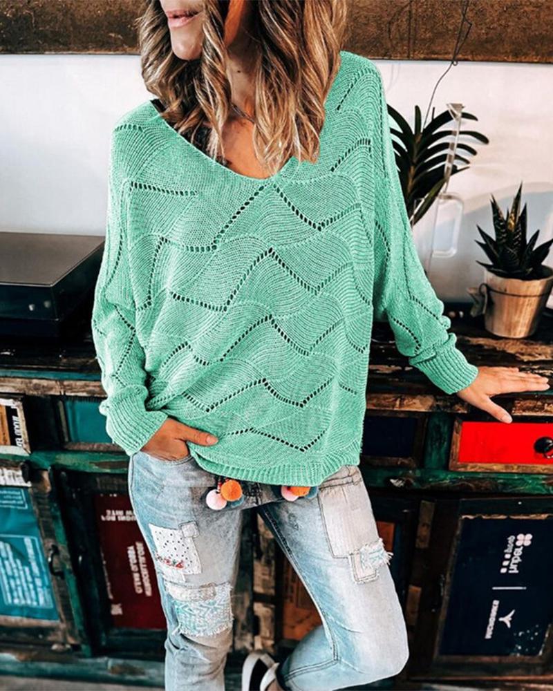 

Batwing Sleeve V-Neck Pointelle Knit Sweater, Green