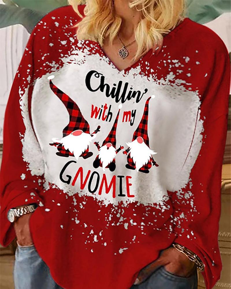 

Plus Size Christmas Gnome Print Long Sleeve Top, Red