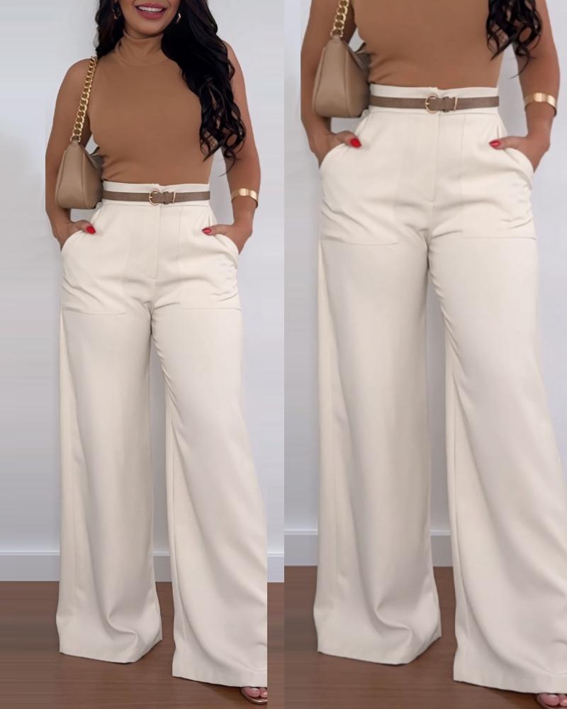 

High Waist Pocket Design Flared Pants Casual Loose Fit Pants, Apricot