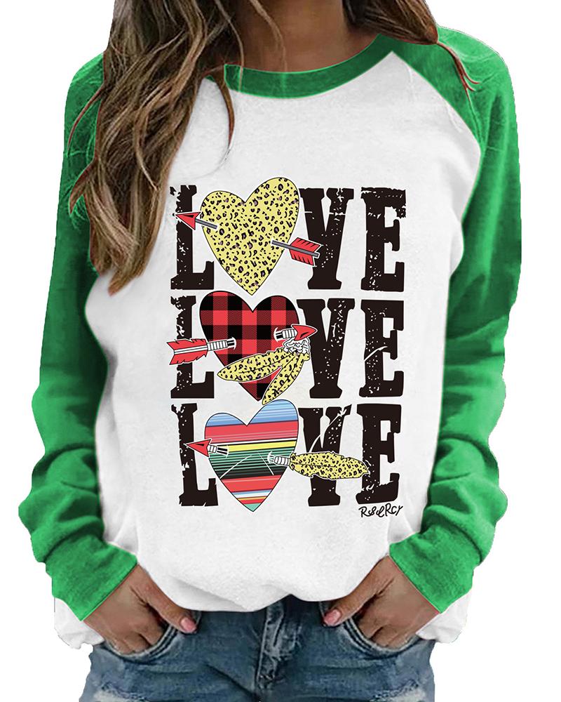 

Valentine' Day Plaid Cheetah Letter Heart Print Colorblock Top, Green