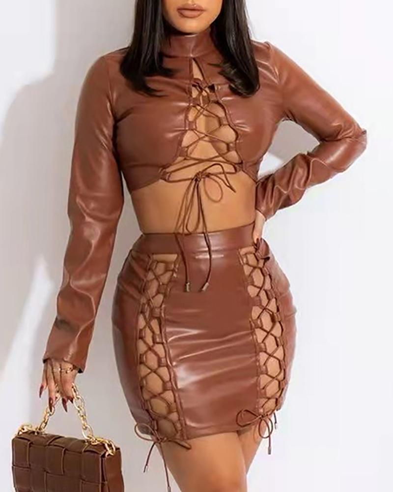 

PU Leather Lace-up Top & High Waist Skirt Set, Brown