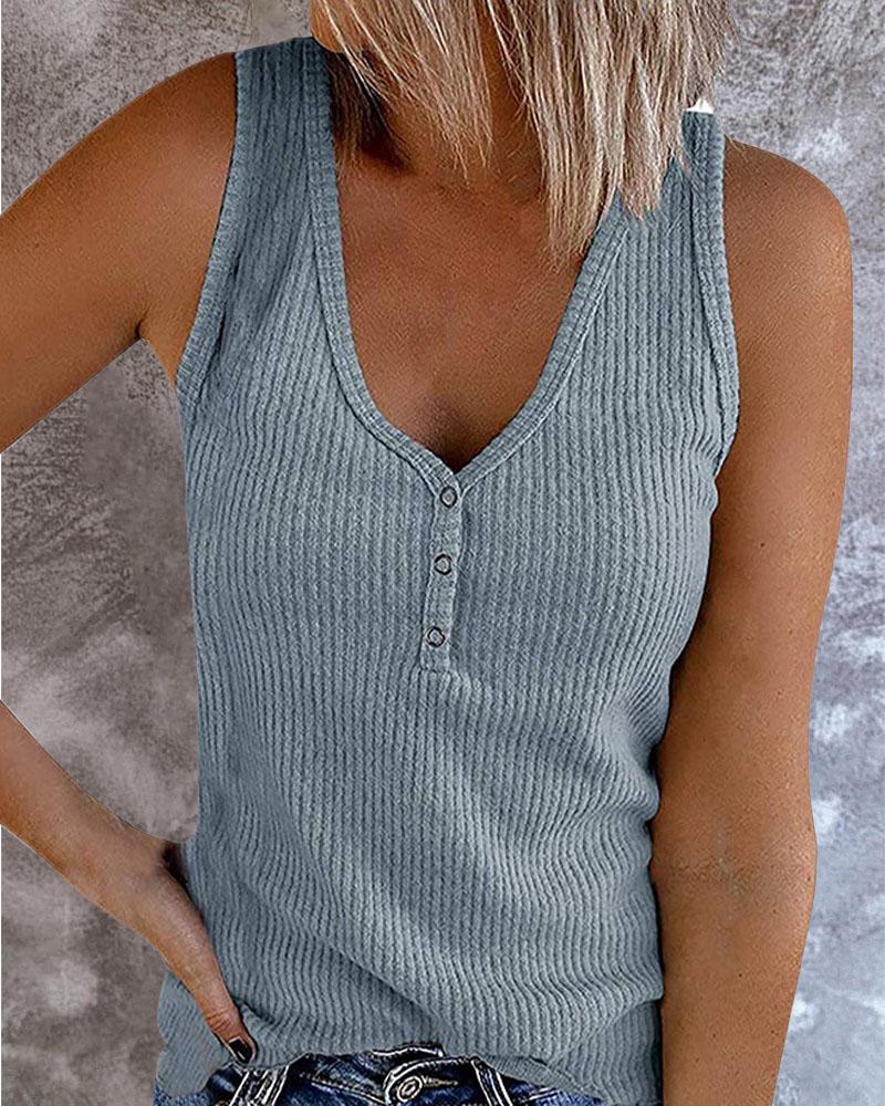 

Ribbed Button Front Casual Tank Top, Blue