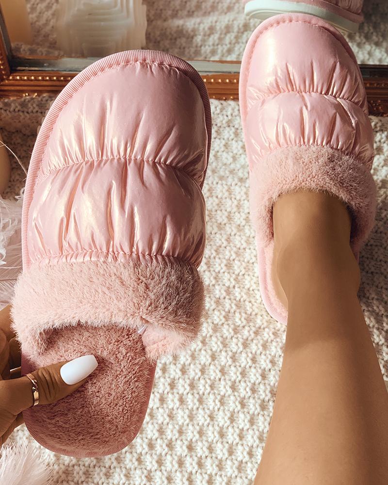 

Fluffy Trim Cloase Toe Casual Slippers, Pink