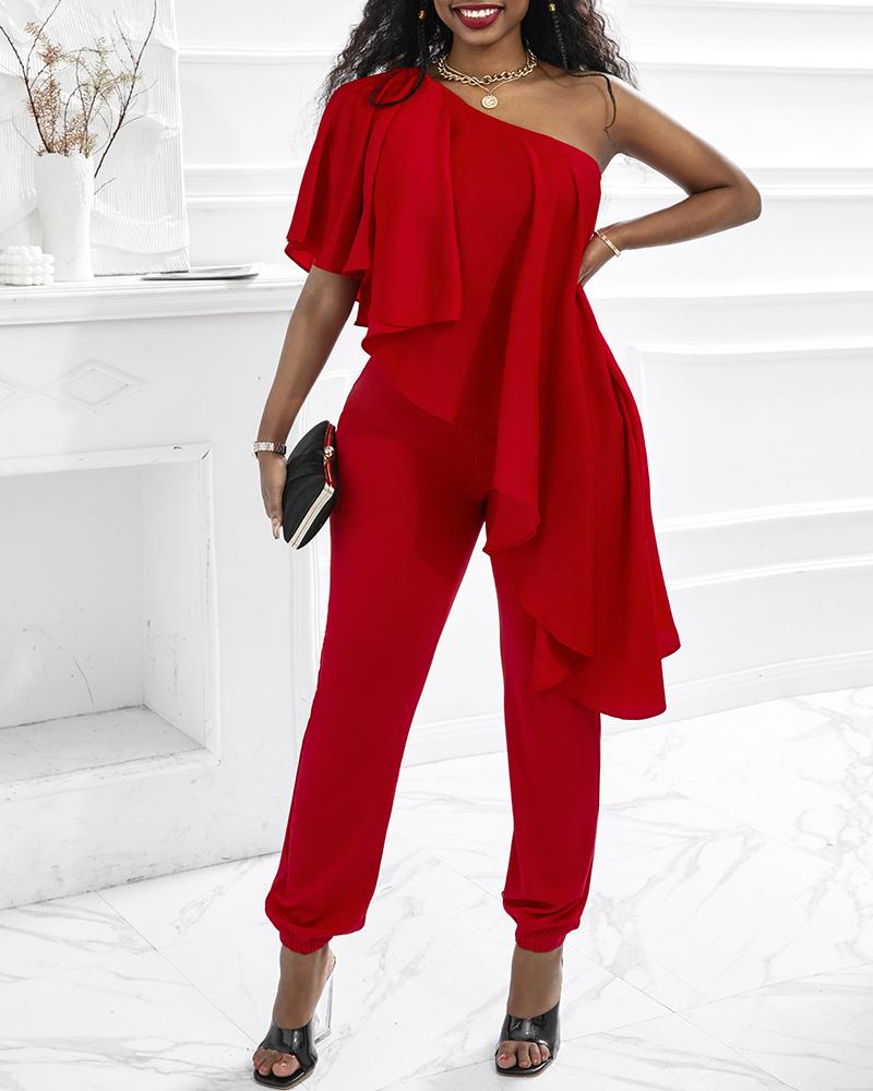 

One Shoulder Asymmetrical Ruffles Jumpsuit, Red