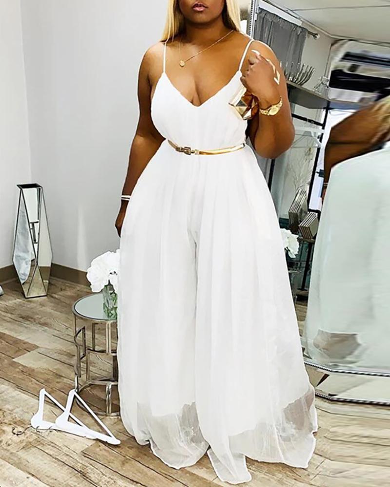 

Mesh Patch Ruched Backless Wide Leg Jumpsuit, White