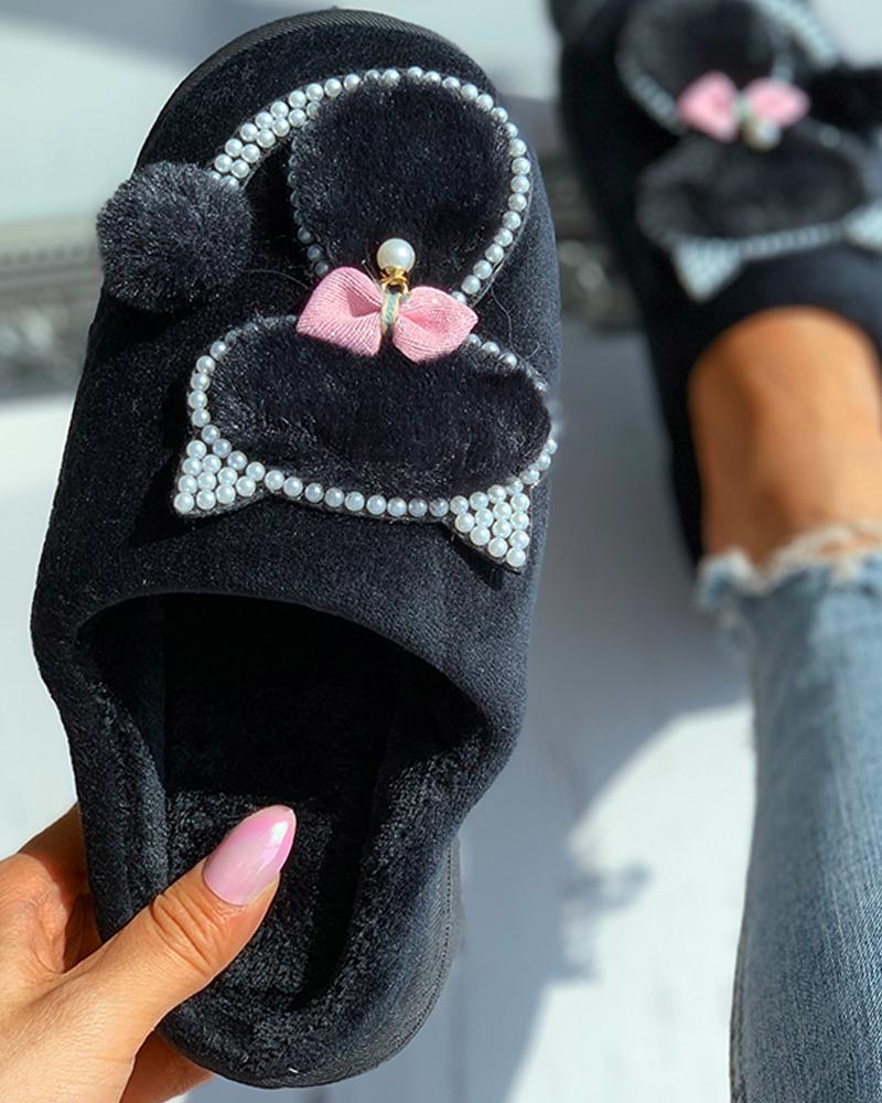 

Cat Pattern Beaded Bowknot Slippers, Black