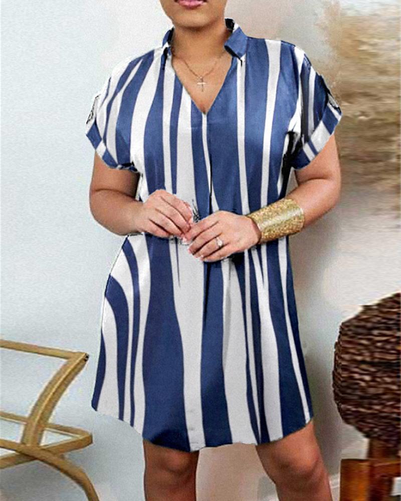 

Striped Short Sleeve Casual Shirt Dress, Purplish blue