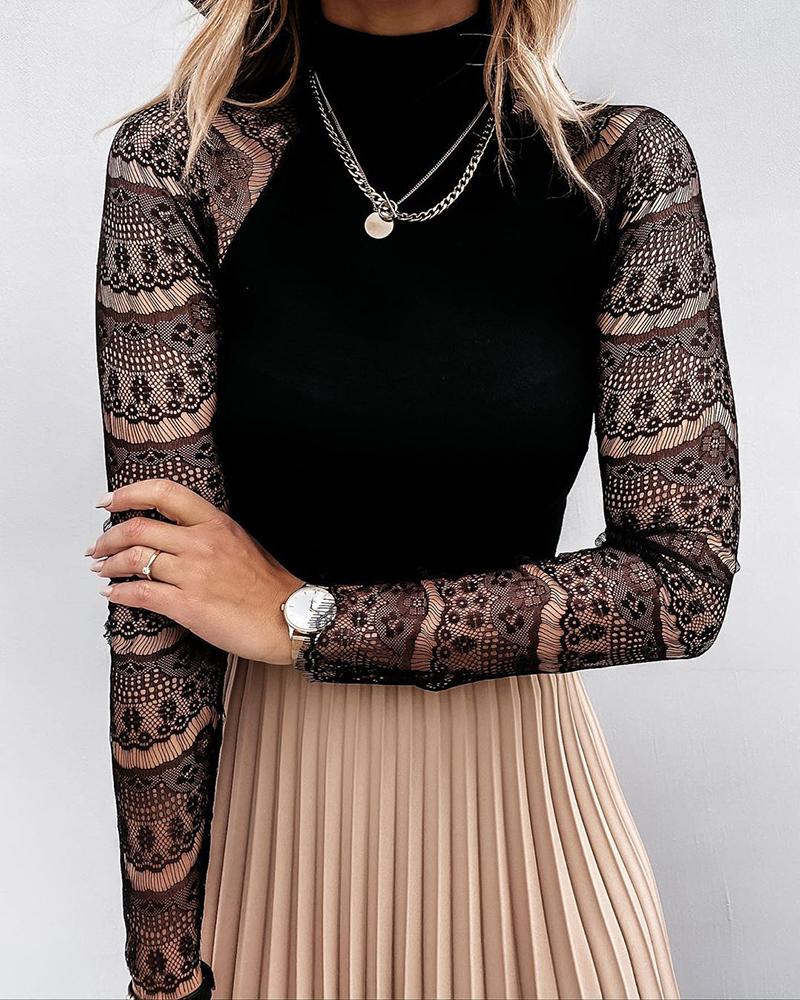 

Crochet Lace Long Sleeve Top, Black