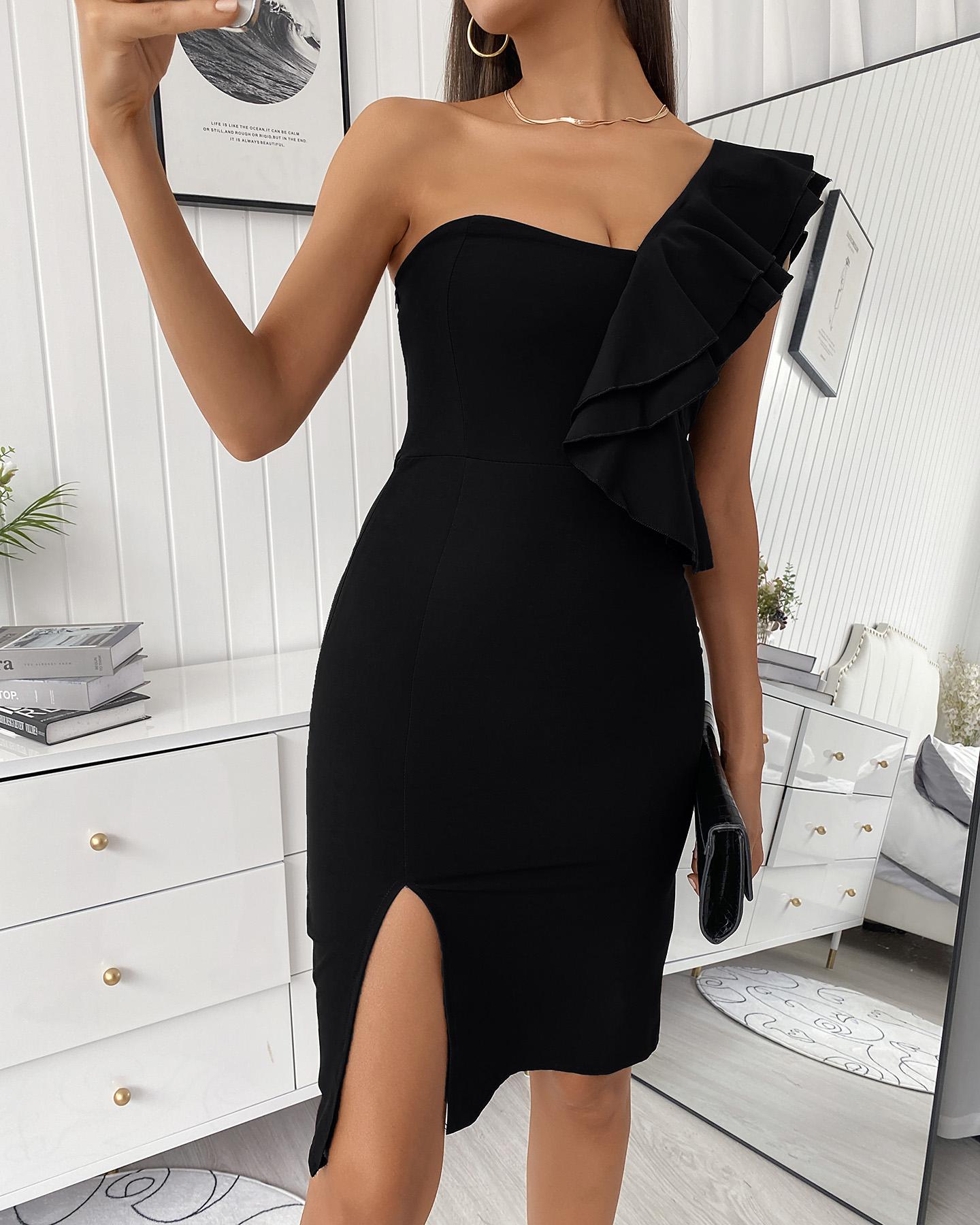 

One Shoulder Ruffles Slit Midi Dress, Black