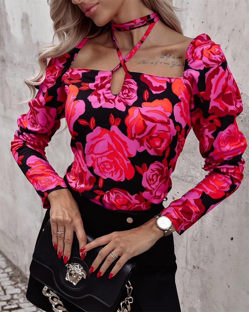 

Floral Print Long Sleeve Halter Top, Pink