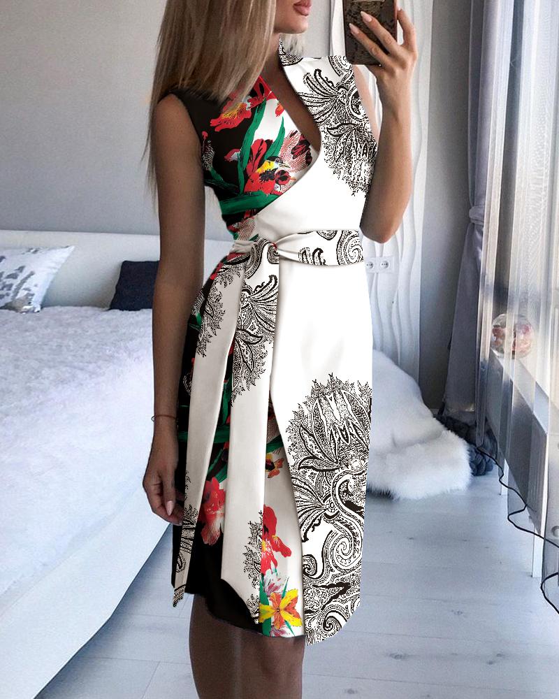 

Colorblock Floral Print Straight Dress With Belt, White