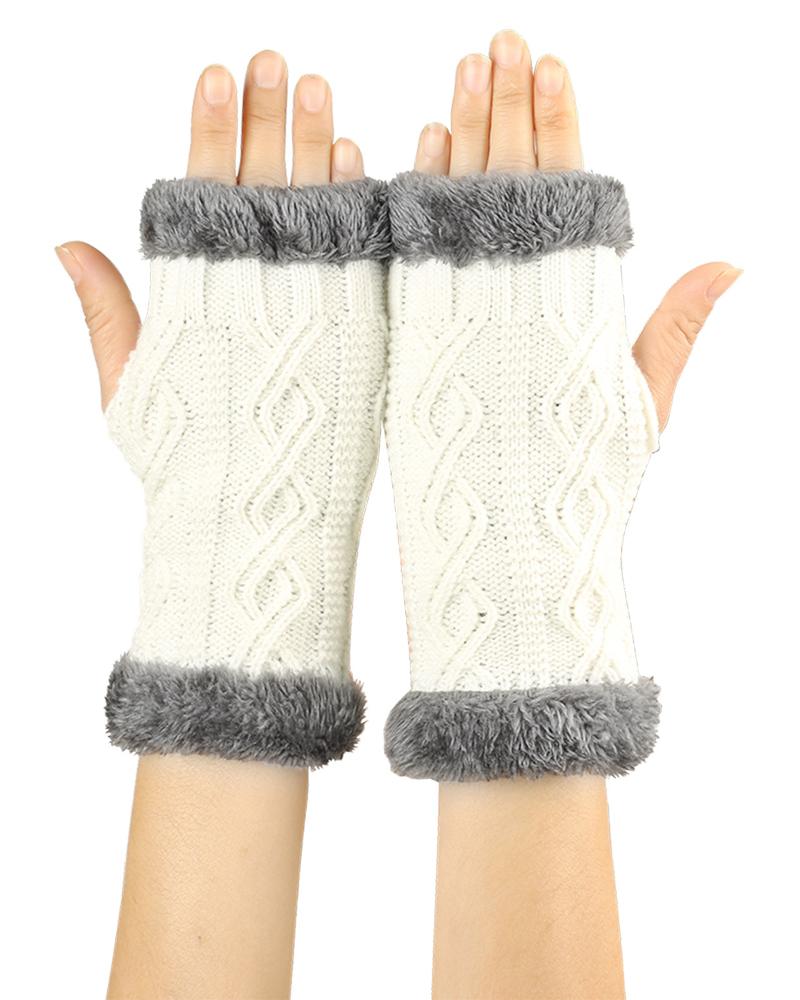 

1Pair Warm Fleece Lined Knit Fingerless Gloves, White