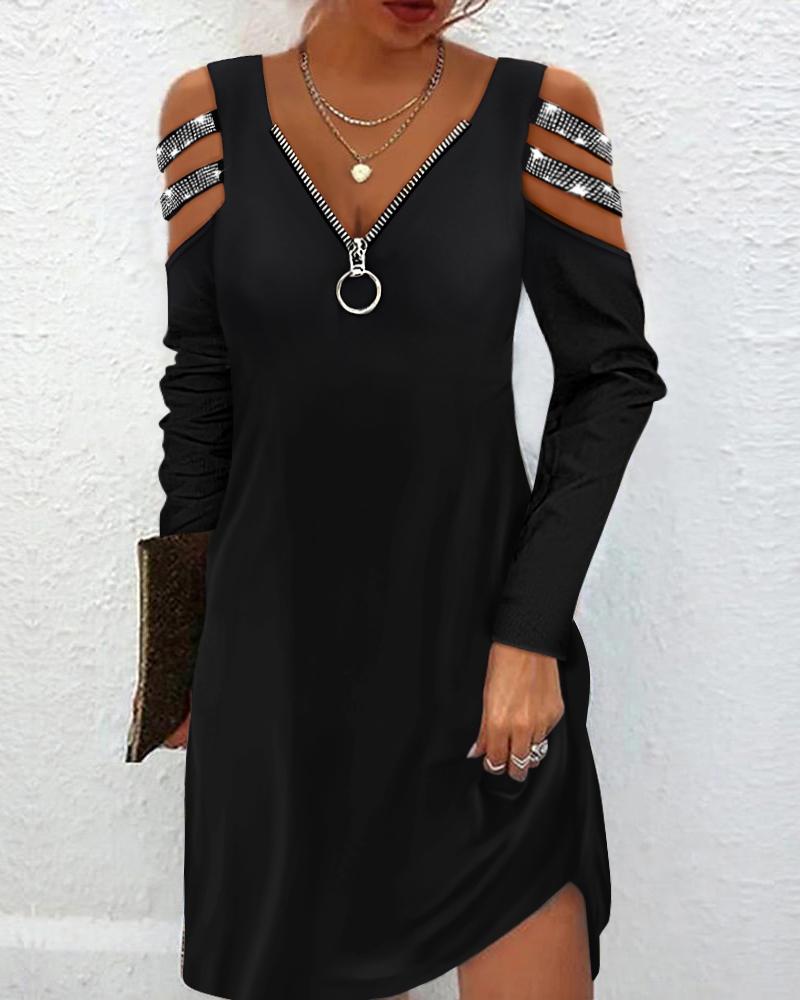 

Rhinestone Zipper Design Cold Shoulder Casual Dress, Black