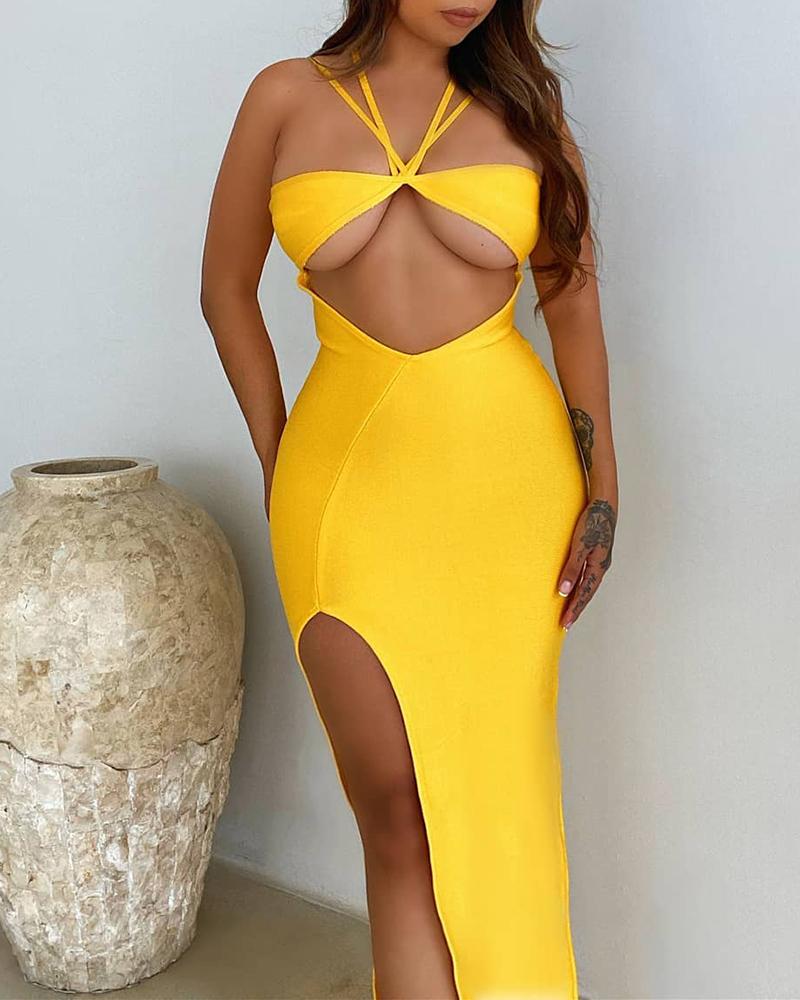 

Halter Cutout Front High Slit Party Dress, Yellow