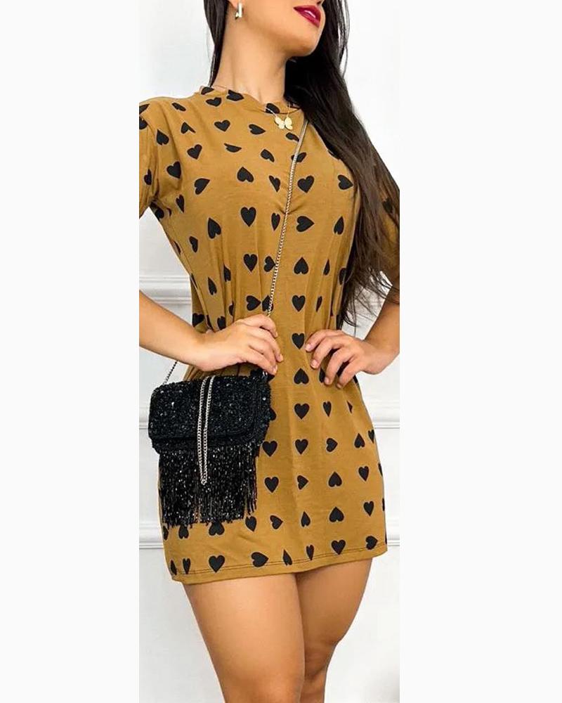 

Heart Print O-Neck Mini Dress, Yellow