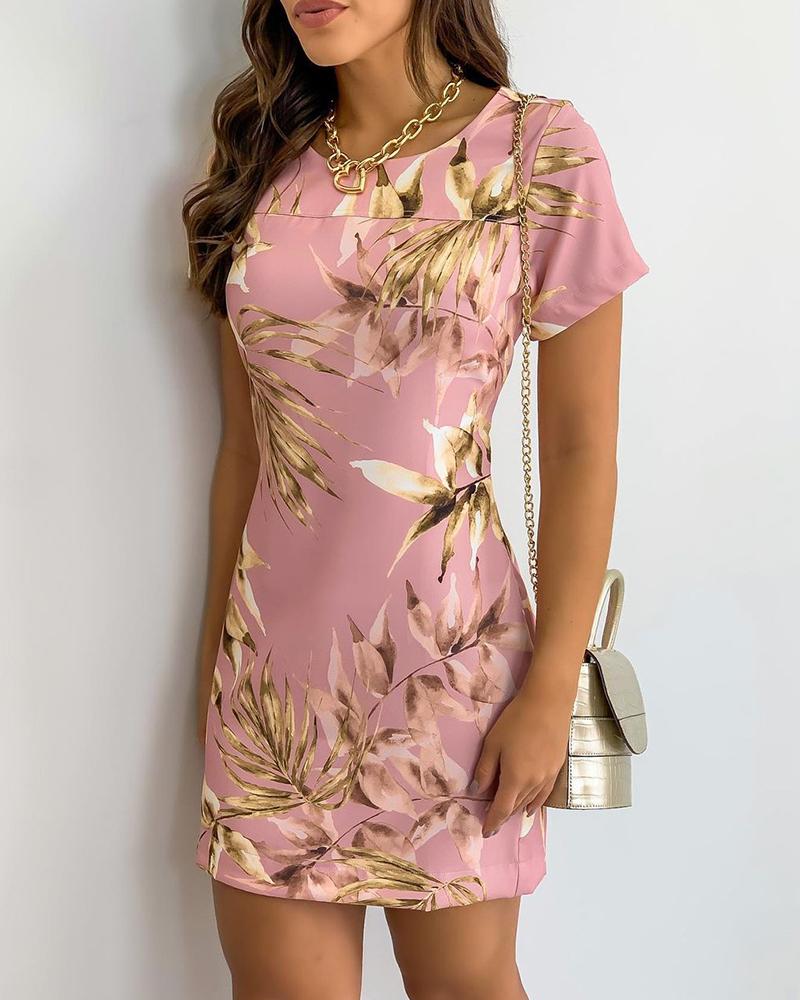 

Tropical Print Short Sleeve Casual Dress, Pink