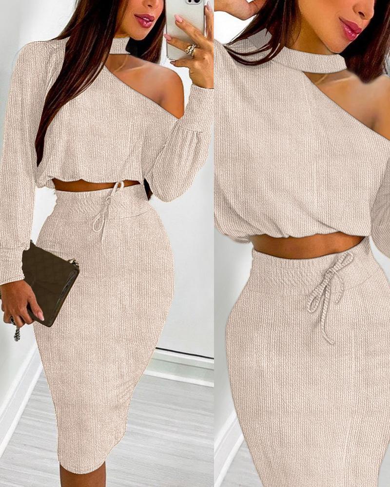

Glitter Cold Shoulder Top & Skirt Set, Khaki