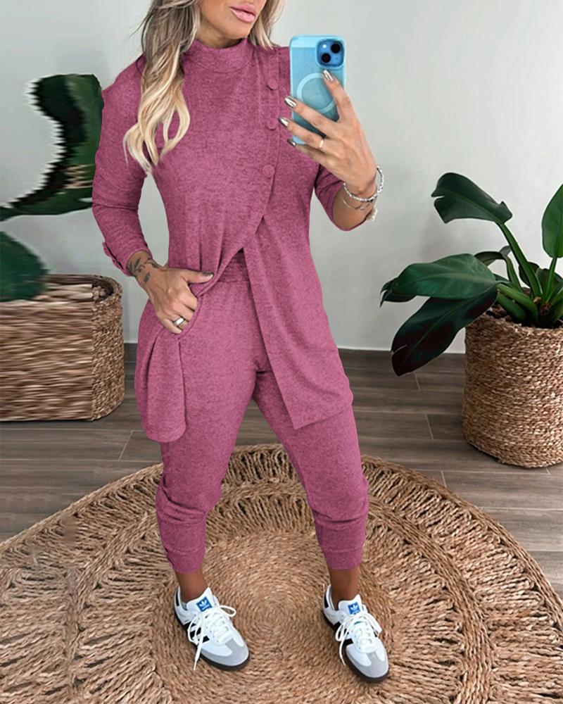 

Mock Neck Slit Top & Pocket Design Cuffed Pants Set, Hot pink