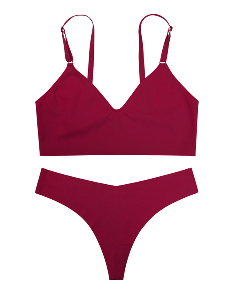 

Seamless V-Neck Wireless Lifting Bra Set, Wine red