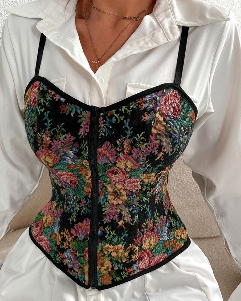 

Vintage Floral Embroidery Zip Front Crop Corset Top, Style1