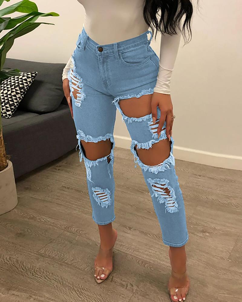 

Ripped Cutout High Waist Denim Pants, Blue
