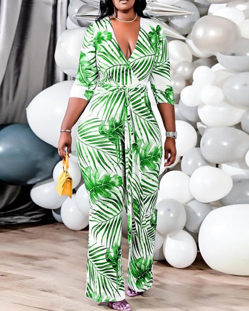 

Plus Size Tropical Print Long Sleeve Jumpsuit, Green