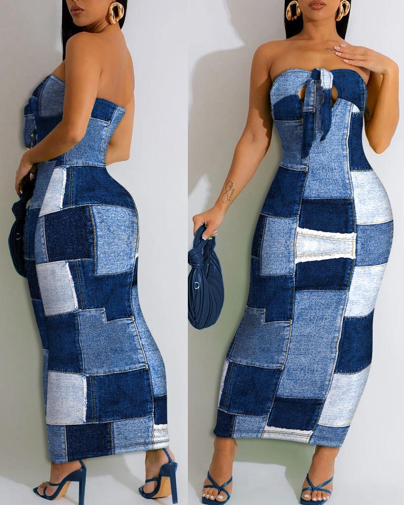 

Denim Look Print Bandeau Cutout Tied Detail Bodycon Dress, Blue