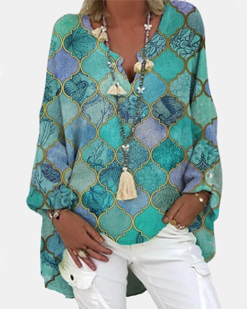 

Graphic Print Colorblock Lantern Sleeve Top, Green