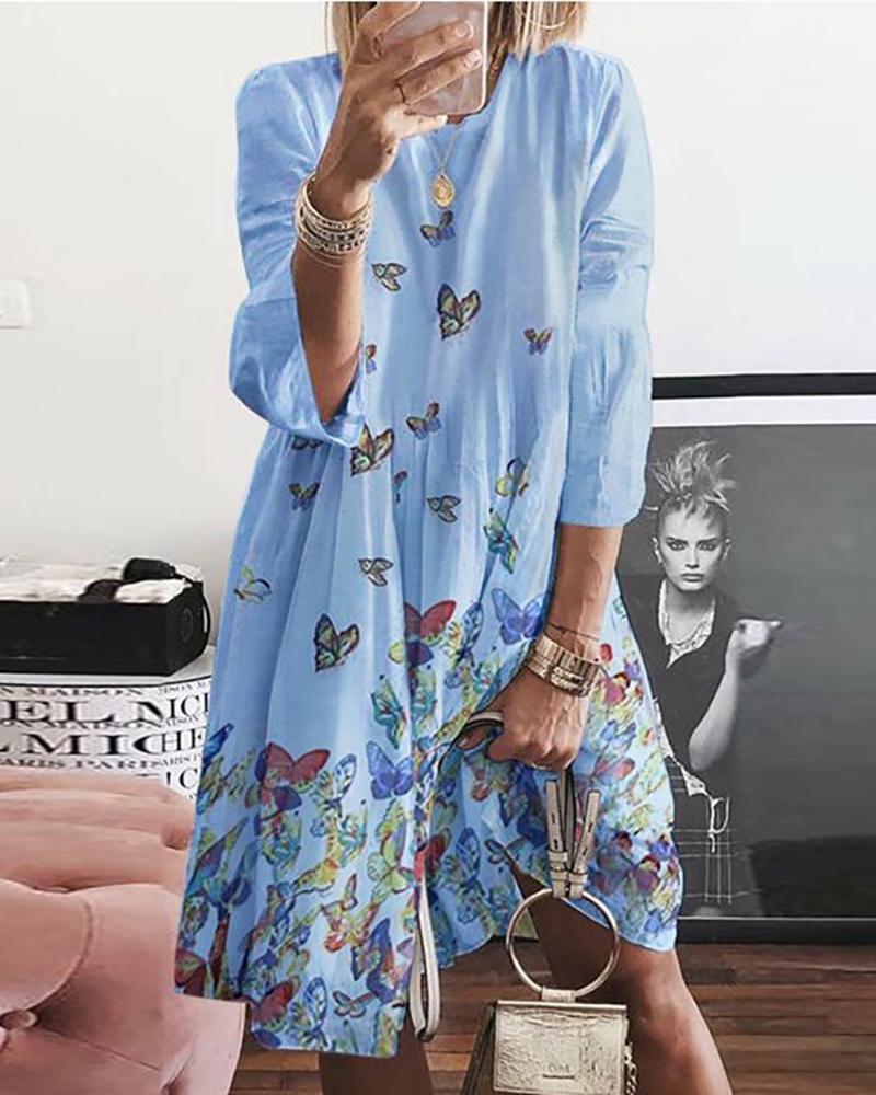 

Butterfly Print Long Sleeve Casual Dress, Blue