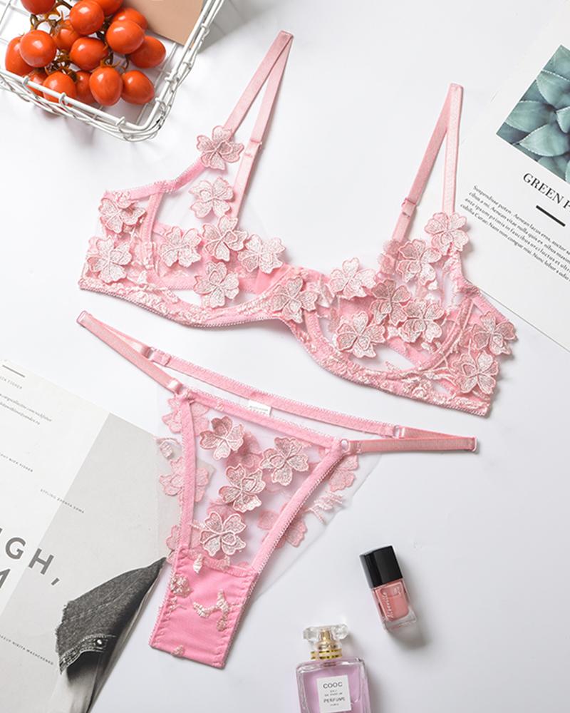 

See-through Sexy Splicing Embroidery Bra Sets, Pink
