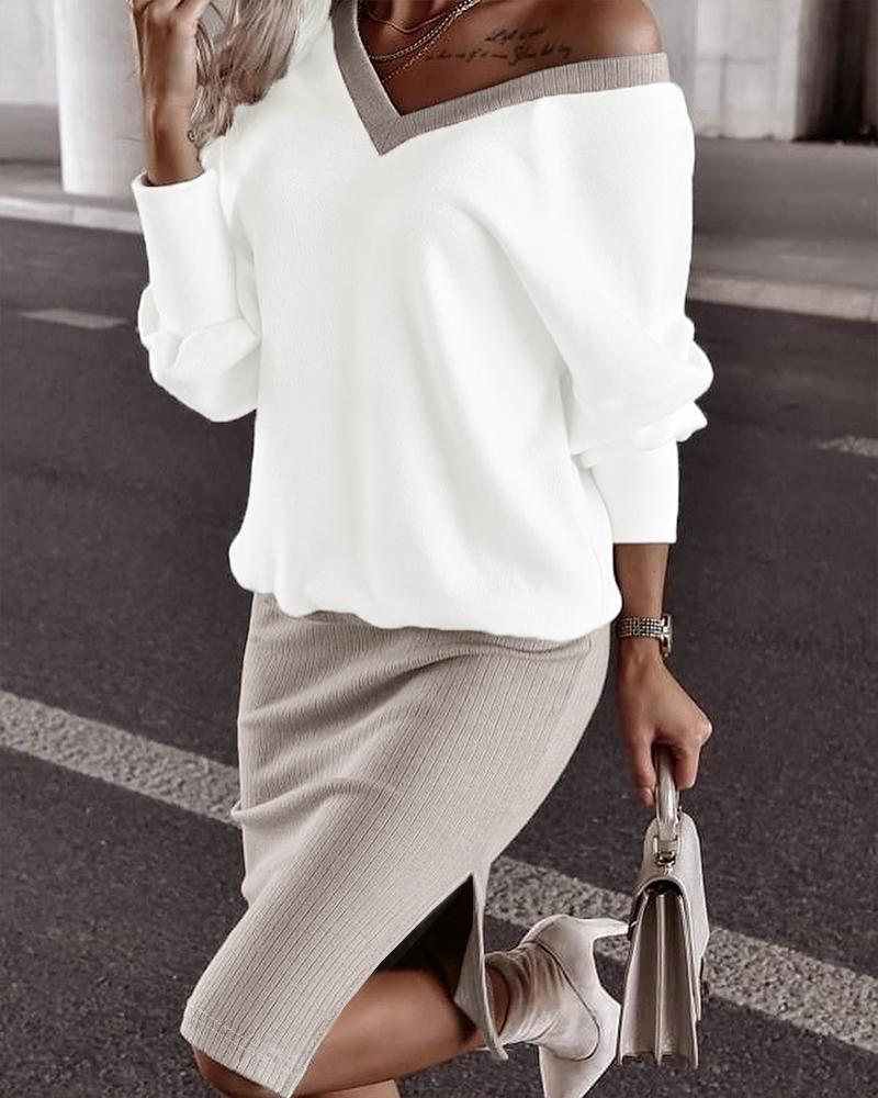 

Long Sleeve Top & Split Hem Skirt Set, White