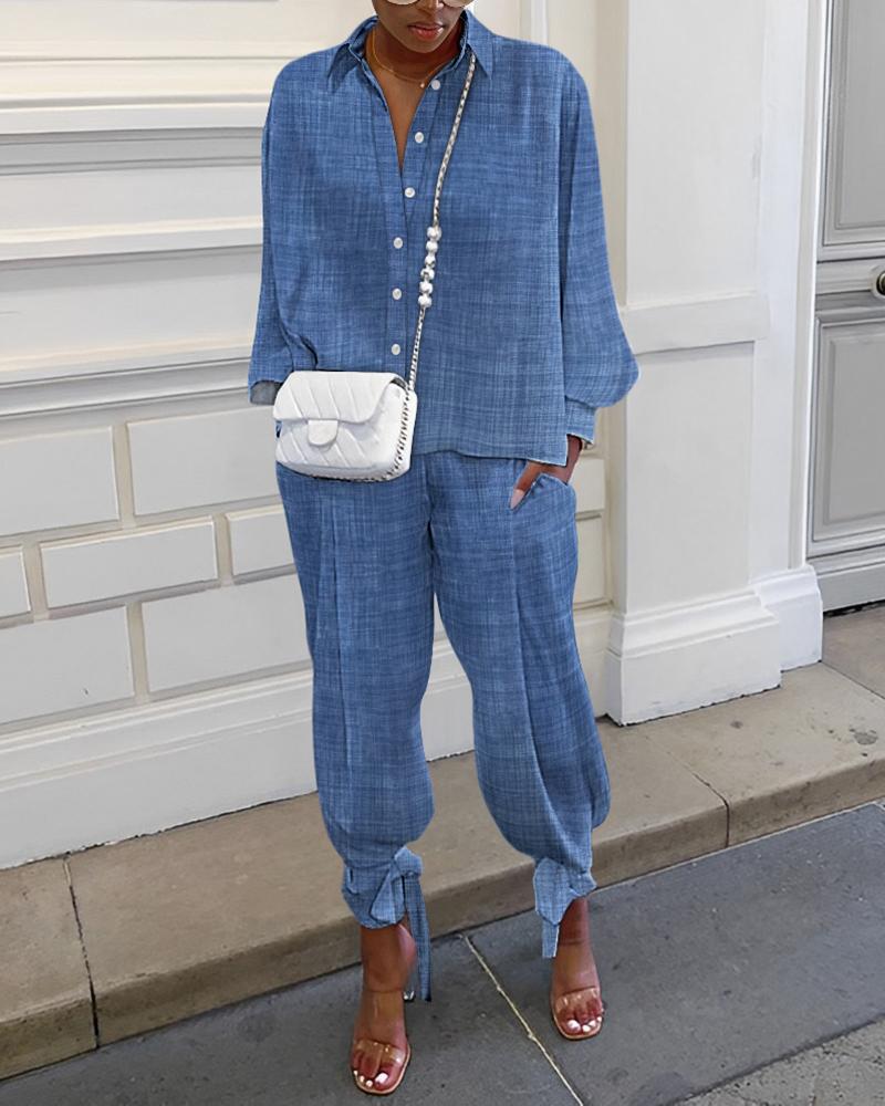 

Long Sleeve Button Down Shirt & Tied Detail Pants Set, Blue