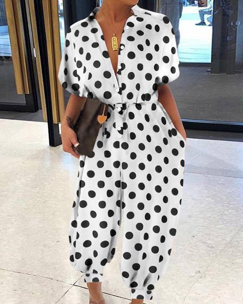 

Plus Size Polka Dot Print Button Front Jumpsuit, White