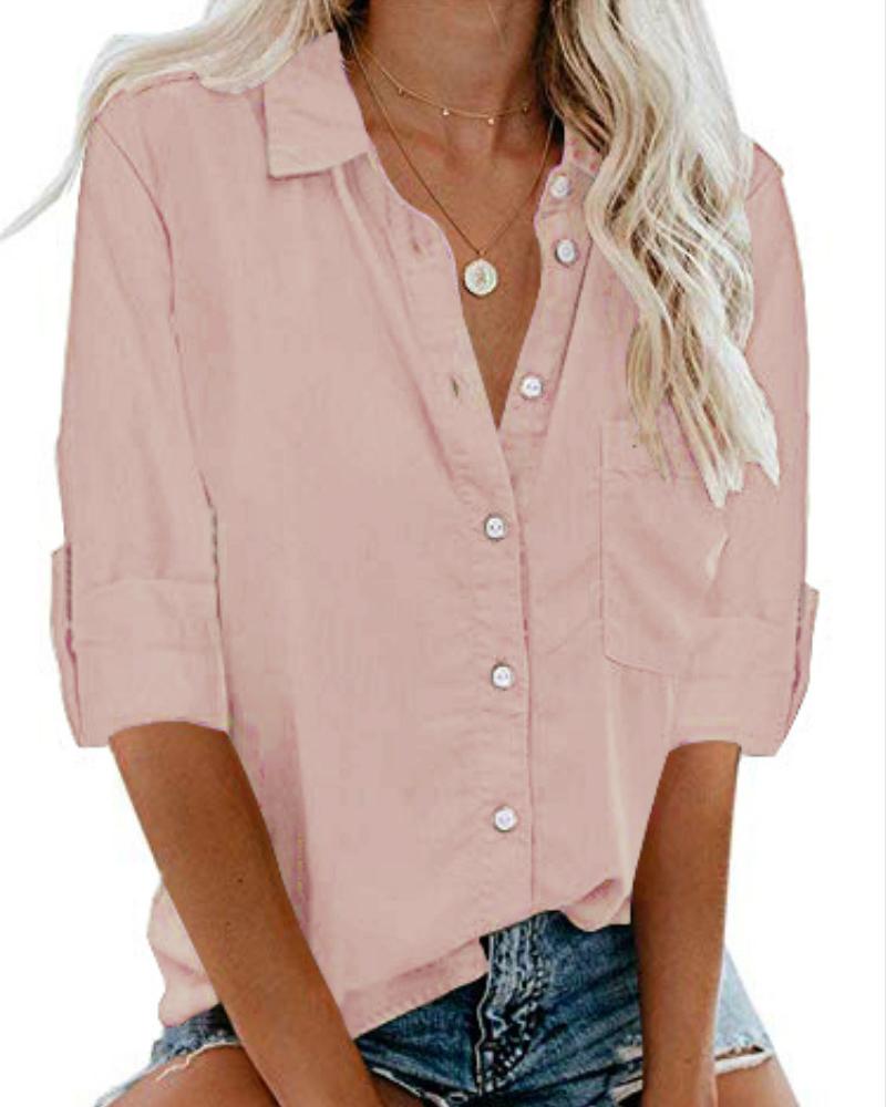 

Button Front Pocket Design Long Sheeve Shirt, Pink