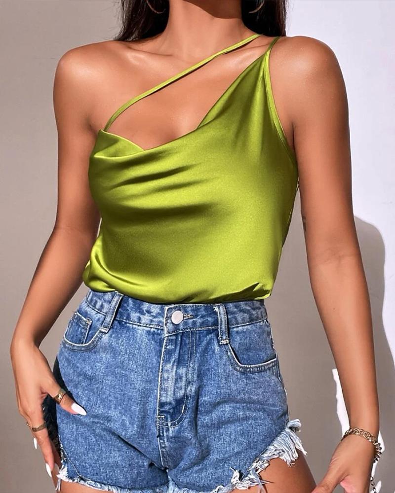 

One Shoulder Backless Satin Top, Green