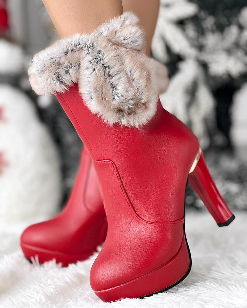 

Christmas Fuzzy Detail Lined Platform Chunky Ankle Boots, Red