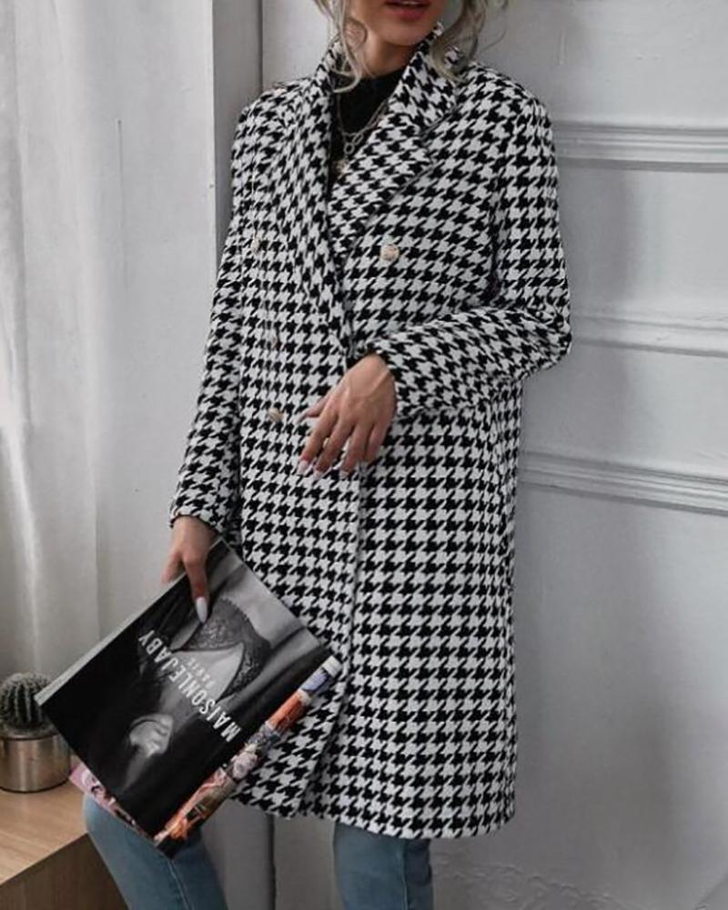 

Houndstooth Print Button Design Pea Coat, Black