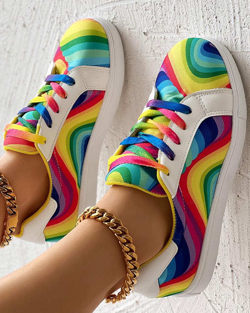 

Rainbow Lace-up Fashionable Sneakers, Multicolor